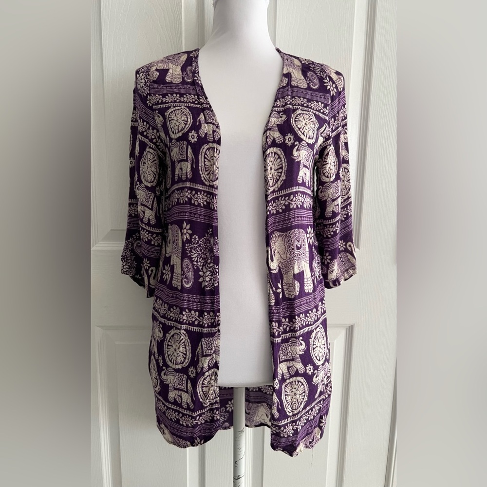 Purple Thailand elephant, print open front topper  XS